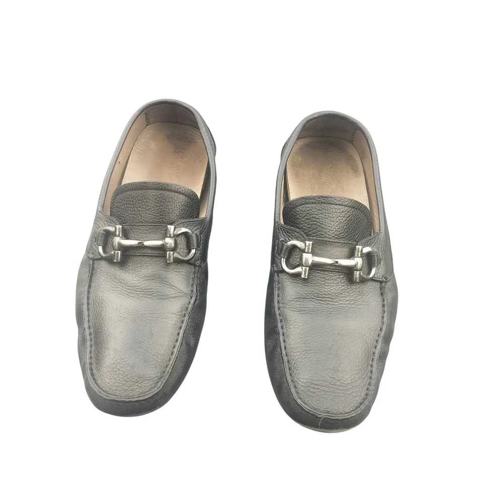 Salvatore Ferragamo Mens Black Pebbled Leather Gancini Bit Driving Loafers Italy
